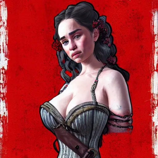 Image similar to Detailed artistic portrait of Emilia Clarke in a Old Western Corset in Red Dead Redemption video game, 4k detailed artstation digital art