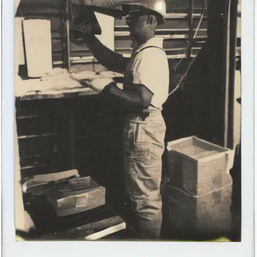 Prompt: a polaroid photo of man doing sort things into sort machines in warehouse, he's wearing blue cloth and construction hat,, photo from behind, highly details, perfect face shape, cinematic lighting,