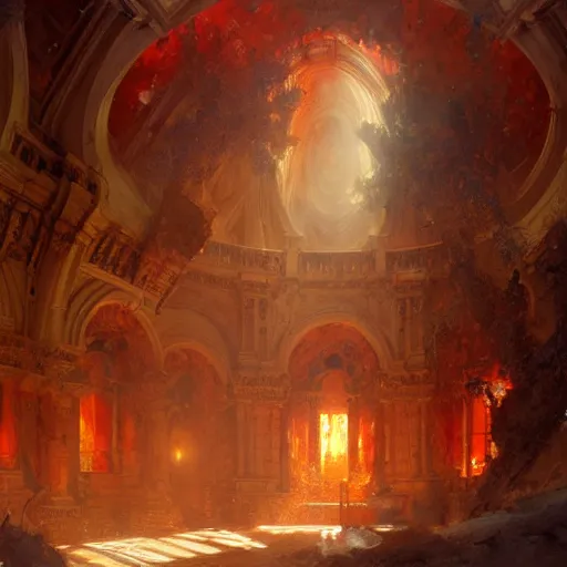 Image similar to a chapel's ceiling is broken in half as a red magical portal from hell opens up there. highly detailed painting by gaston bussiere, greg rutkowski, craig mullins 8 k