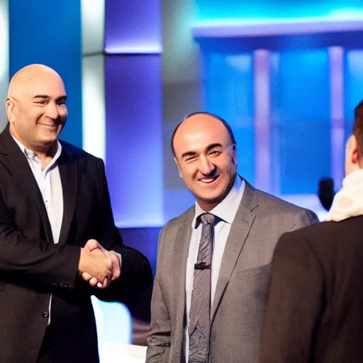 Prompt: Kevin O'Leary happy, shaking hands, in Shark Tank (2016)