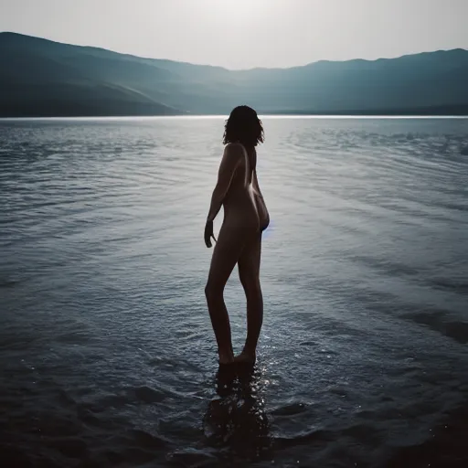 Prompt: a woman, standing in shallow endless water, backlit, backlit, photo by Marat Safin, Canon EOS R3, 35mm, f/1.4, ISO 200, 1/160s, 8K, RAW, unedited, symmetrical balance, in-frame