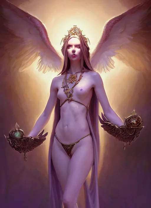 Image similar to portrait of a beautiful androgynous fallen angel, hyperborea lemuria, legendary, pixar doll decollete deep focus, d & d, fantasy, intricate, elegant, highly detailed, digital painting, artstation, concept art, matte, sharp focus, illustration, hearthstone, art by rhads by artgerm and greg rutkowski and alphonse mucha