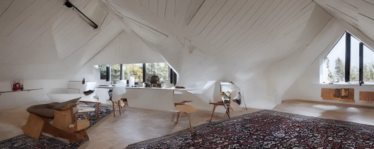 Image similar to 1.7 metre low attic, with matte white angled ceiling, with 2 windows opposing each other, with a large square window in the back right corner of the room, with exquisite turkish and persian rugs on the polished plywood floor, XF IQ4, 150MP, 50mm, F1.4, ISO 200, 1/160s, natural light