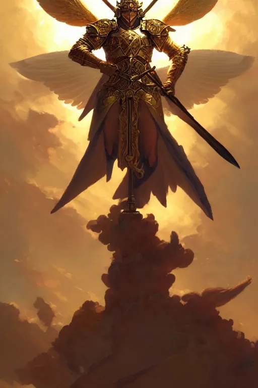 Prompt: dynamic fullbody portrait of a powerful magical warrior screaming to sky, armed with elaborate spear, angelic wings, golden armor, well lit, by greg rutkowski and gaston bussiere and craig mullins and j. c. leyendecker, volumetric lighting, hd