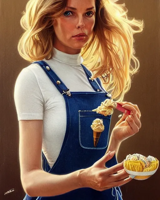 Image similar to portrait of a blonde fuller figured barbara bach from the bond film wearing dungarees and eating ice creams in porto, real life skin, intricate, elegant, highly detailed, artstation, concept art, smooth, sharp focus, art by artgerm and greg rutkowski and alphonse mucha