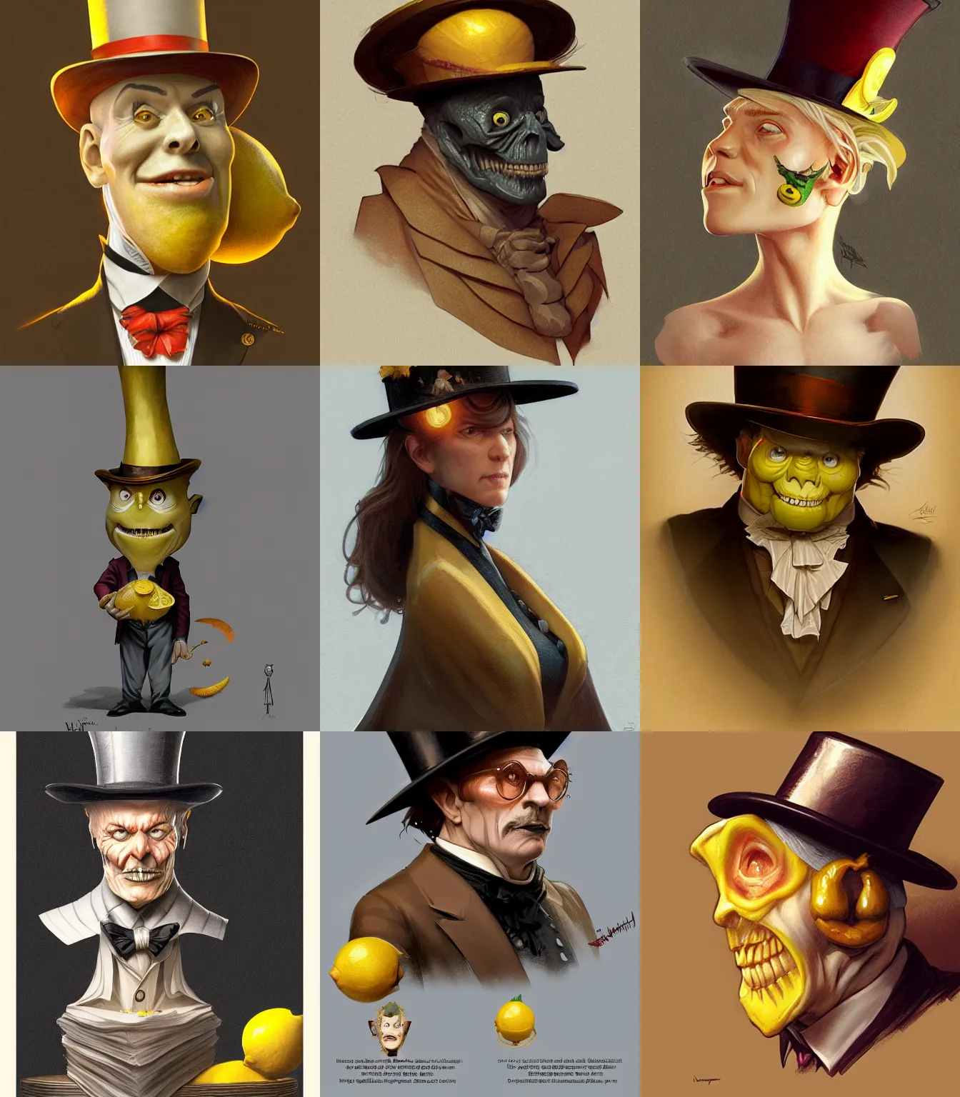 Prompt: a lemon humanoid figure with no arms or legs, wearing a top hat, dungeons and dragons portrait, highly detailed, digital painting, artstation, concept art, sharp focus, illustration, art by artgerm and greg rutkowski and alphonse mucha