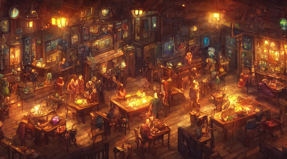 Image similar to A multidimensional cozy tavern, screenshot from anime hidden object game, cinematic lighting, epic composition, cartoon, animation, background art, post processing, 8K resolution