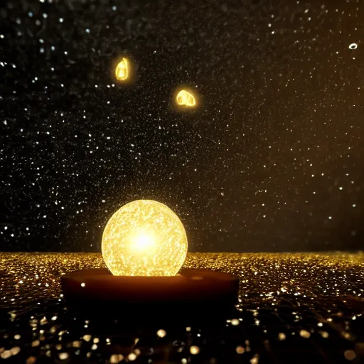 Prompt: chrome orb surrounded by fireflies and sparks, octane render, cinematic, dramatic lighting, high - end cgi, 4 k, incredible, splash page