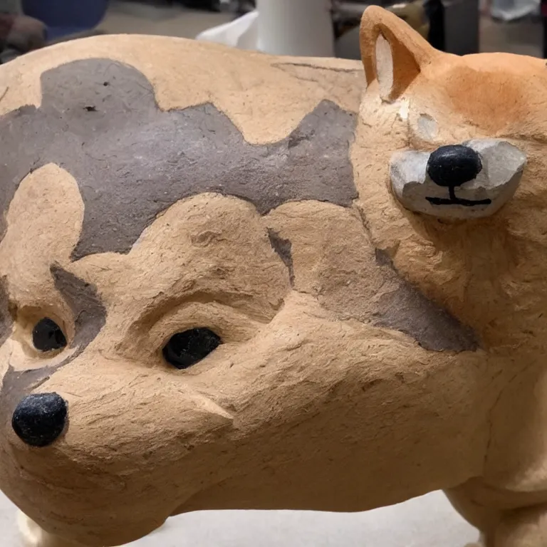 Prompt: a shiba-inu carved into the head of a viking longboat