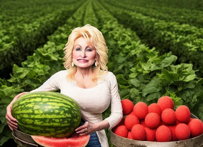 Image similar to studio portrait photo still of 2 0 year old dolly parton!!!!!!!! at age 2 0 2 0 years old 2 0 years of age!!!!!!! surrounded by watermelons, 8 k, 8 5 mm f 1. 8, studio lighting, rim light, right side key light