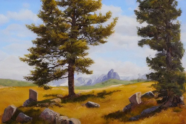 Prompt: runestone, monument, megalithic, nature, trees, mountains, oil painting