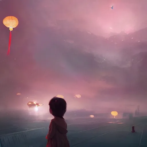 Prompt: a little girl watching hundreds of chinese sky lanterns in the night sky over a sci-fi space base, by Greg Rutkowski