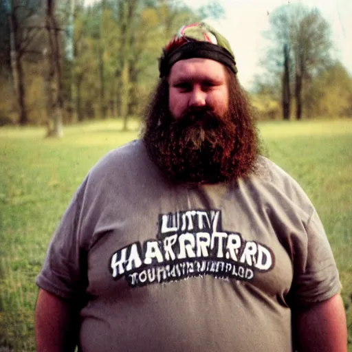 Prompt: obese redneck man with long beard wearing dirty and tattered harvard shirt, kodak gold 2 0 0,
