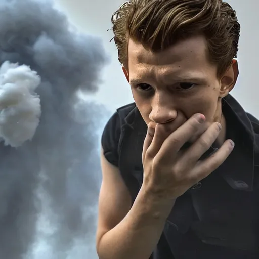 Image similar to tom holland getting arrest while exhaling a cloud of smoke, candid photography
