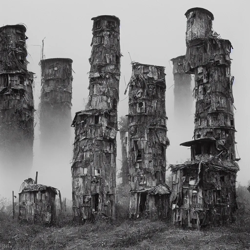 Image similar to two round towers, made up of makeshift squatter shacks, misty, dystopia, mamiya rb 6 7, fully frontal view, very detailed, photographed by ansel adams
