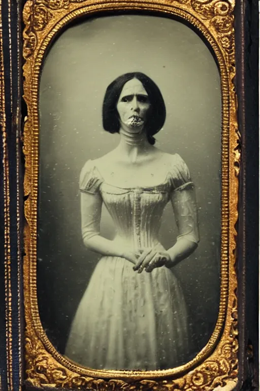 Prompt: daguerreotype photo of an scary but stunning victorian woman, realistic, no blue, detailed, up light, atmospheric, moody, dynamic lighting, cinematic