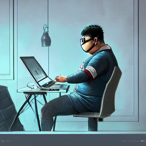 Image similar to an insanely detailed painting of a chubby nerdy asian man wearing a homemade superhero costume and mask, sitting at a computer desk typing on the keyboard, in the style of peter mohrbacher, dramatic lighting and composition, trending on artstation, concept art, comic book, graphic novel, back view