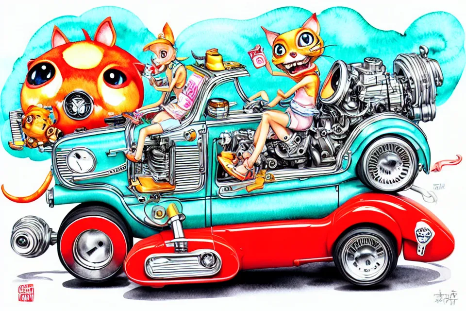 Prompt: cute and funny, margay riding in a tiny hot rod with oversized engine, ratfink style by ed roth, centered award winning watercolor pen illustration, isometric illustration by chihiro iwasaki, edited by range murata, tiny details by artgerm and watercolor girl, symmetrically isometrically centered