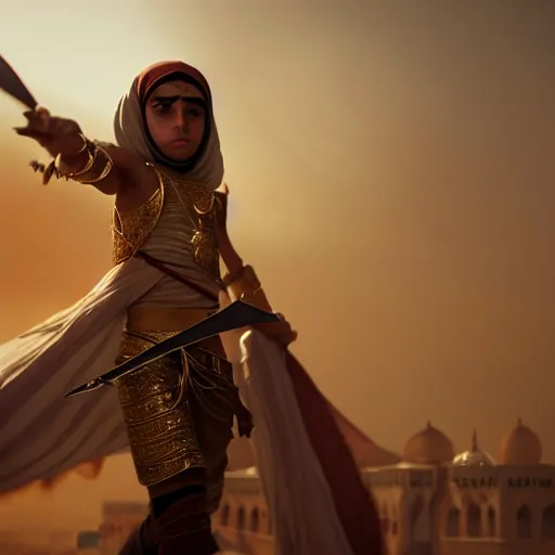 Image similar to a young palestinian princess with dagger, image from prince of persia, by greg rutkowski, very detailed, octane render, unteal engine 5, 4 k