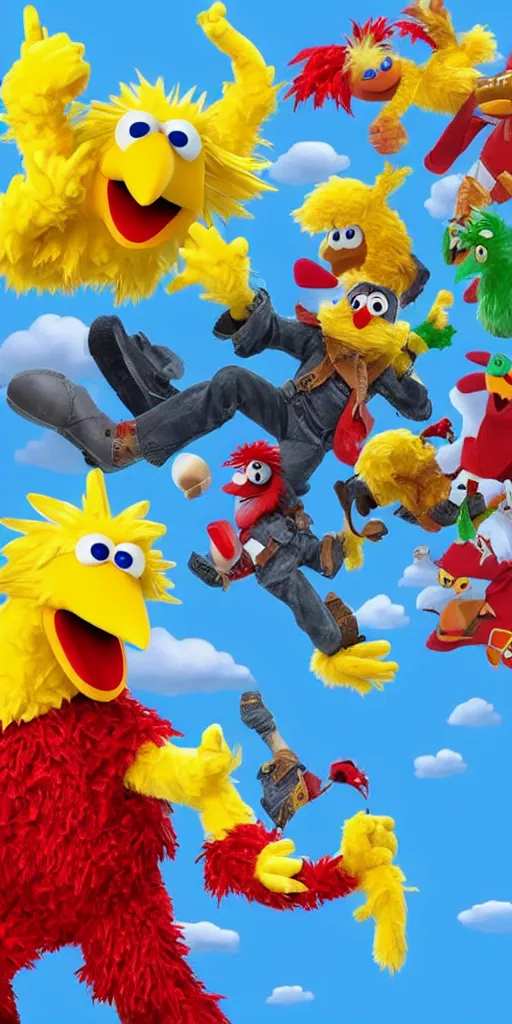 Prompt: “Big Bird from Sesame Street joins Super Smash Bros Ultimate roster as a playable fighter!”