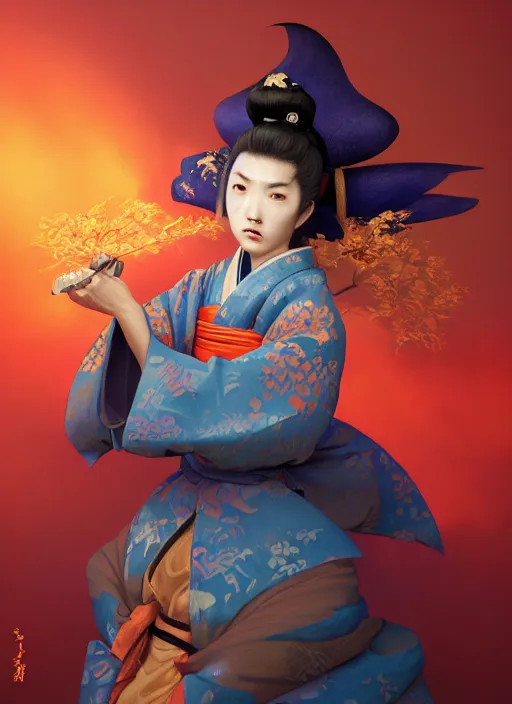 Image similar to kitsune samurai in autumn color kimono holding a blue sparrow, subsurface scattering, by jesper ejsing, justin gerard, tomasz alen kopera, cgsociety and fenghua zhong, highly detailed, rim light, cinematic lighting, illustration, art, octane render, very coherent, cinematic, hyper realism, high detail, octane render, 8 k