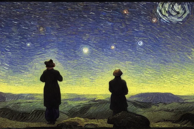 Image similar to a person looking at the night sky with clouds and stars, colorful, beautiful, national geographic, ultradetailed, 4k, astrophotography, cinematic lighting, oil painting, canvas, Theodor Kittelsen, Vincent van Gogh