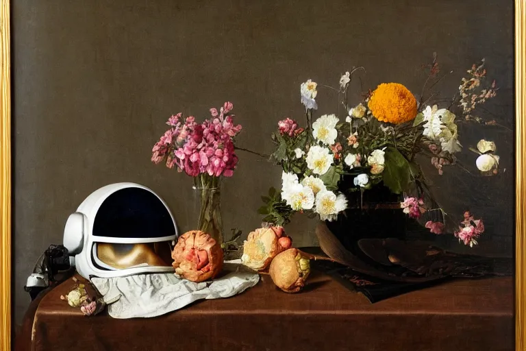 Prompt: still life with astronaut helmet and flowers in the style of the dutch masters