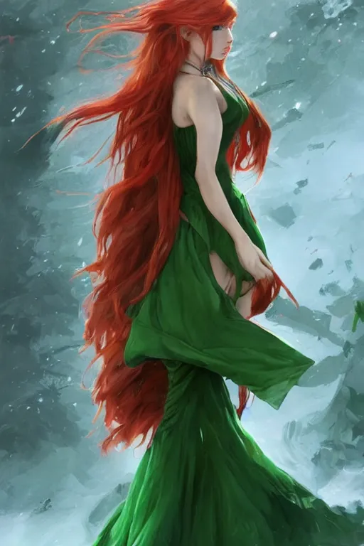 Image similar to beautiful cute red haired joyful and playful 1 9 year old maiden standing up in a green dress, long hair, rpg character, sci - fi, fantasy, intricate, elegant, digital painting, artstation, concept art, smooth, 8 k frostbite 3 engine, ultra detailed, art by artgerm and greg rutkowski and magali villeneuve