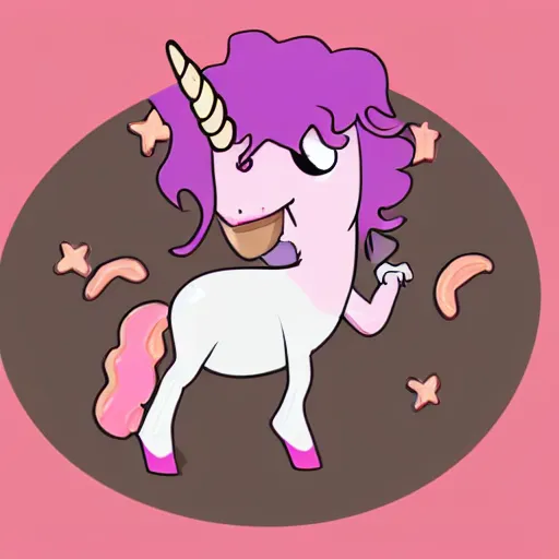 Image similar to a pretty pink unicorn character eating a little hamburger on the ground in a soccer field | digital art | cell shading | very high quality | very detailed | totally awesome | very cute | horselike | eating a little hamburger