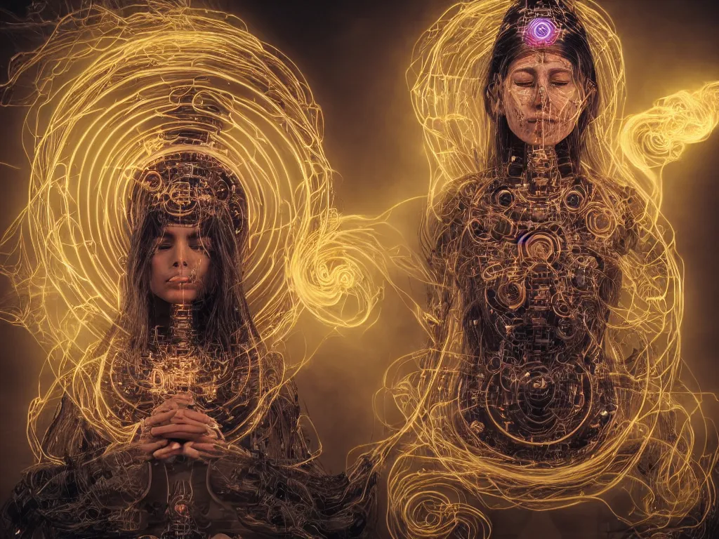 Image similar to an ancient mystical alluring female shaman meditating in a cybernetic robot temple generating flowing spiral energy and surrounded by wisps of incense smoke, face face face