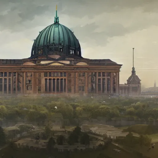 Image similar to panoramic view of giant giant monumentsl 1 km height volkshalle building, berlin 1 9 4 5, matte painting by greg rutkowski, artstation