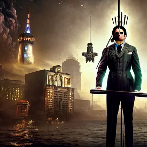 Image similar to a highly detailed cinematic photo from a live - action bioshock movie. andrew ryan, portrayed by ryan gosling, is shown standing in a 1 9 3 0's office with a large desk in front of a floor - to - ceiling window looking out onto the underwater city of rapture shining in the distance, several fish are shown outside of the window