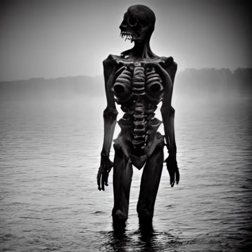 Image similar to monster with and bones for legs, pale skin, dark water, foggy water, dark, dramatic, big eyes, terrifying, cinematic