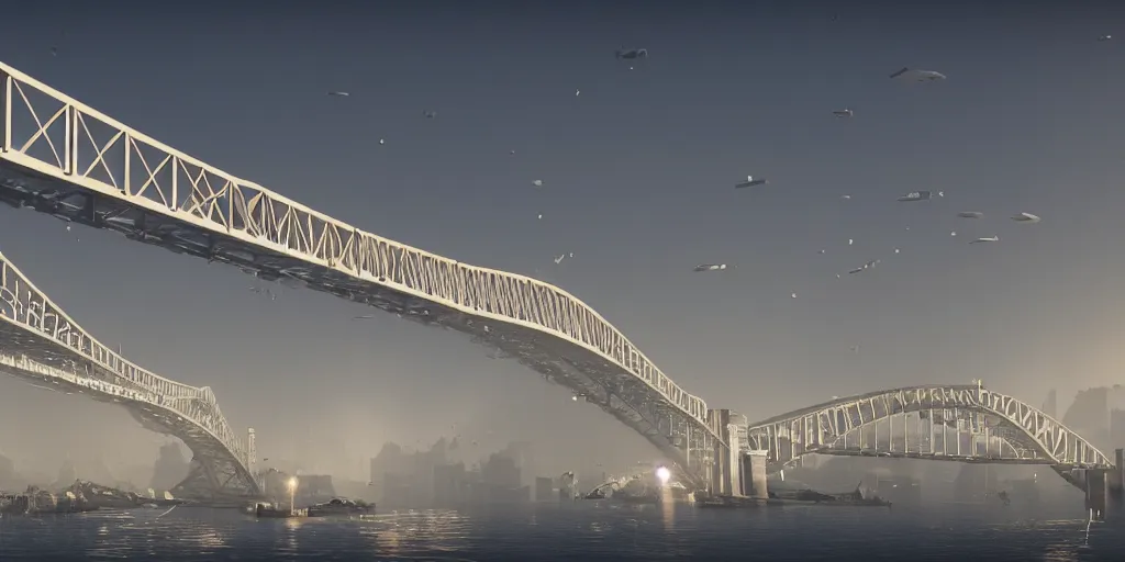 Image similar to a big harbour bridge collapses after explosions in the form of white cotton plants, 3 d octane render, epic lighting, 8 k, by goro fujita