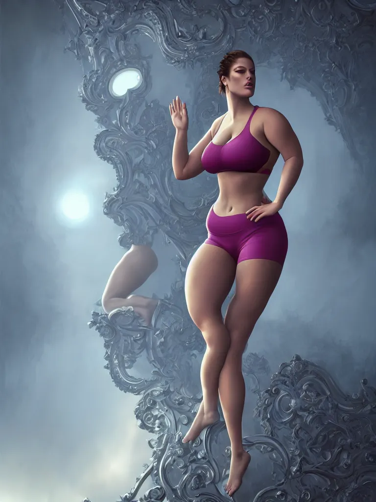 Image similar to beautiful ashley graham in lycra yoga shorts, chrome futuristic detail misty foggy mike jordana, konstantin porubov, valeriy vegera, hypermaximalist, elegant, ornate, rococo, baroque ornament detail, elite, creepy, radiant, matte painting, cinematic, cinematic lighting, corel painter, cgsociety, atmospheric