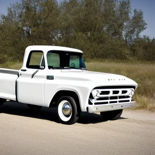 Prompt: Ford Pickup, 1960s Truck, White Paint Job, Modern Interior Accessories