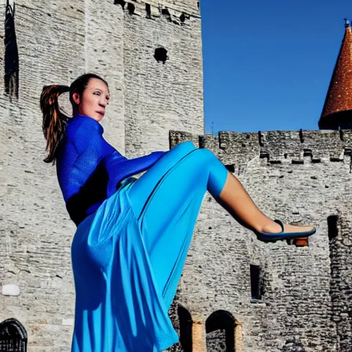 Image similar to beautiful athletic fit female swinging on large lyra hoop, intricate detail, in front of medieval castle in electric - blue color scheme, cinematic composition, photorealistic, 8 k, symmetrical face, backlit, elegant, sharp focus