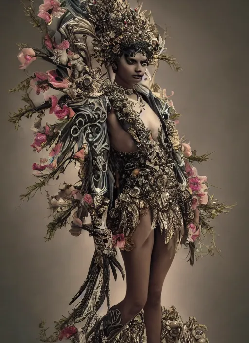 Prompt: full body environmental portrait photo of a goddess as angel, ornate headpiece made from flowers, ornaments, glamour shot by lindsay adler, stefan gesell, photorealistic, canon r 3, fashion photography, hyper maximalist, sharp focus, ornate, elegant, luxury and elite, symmetrical features, octane render, unreal engine, solid dark grey background, dramatic lights