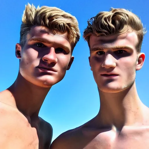 Image similar to a realistic detailed photo of a guy who is an attractive humanoid who is half robot and half humanoid, who is a male android, soccer players martin ødegaard & timo werner, shiny skin, posing like a statue, blank stare, by the pool, on display, showing off his muscles