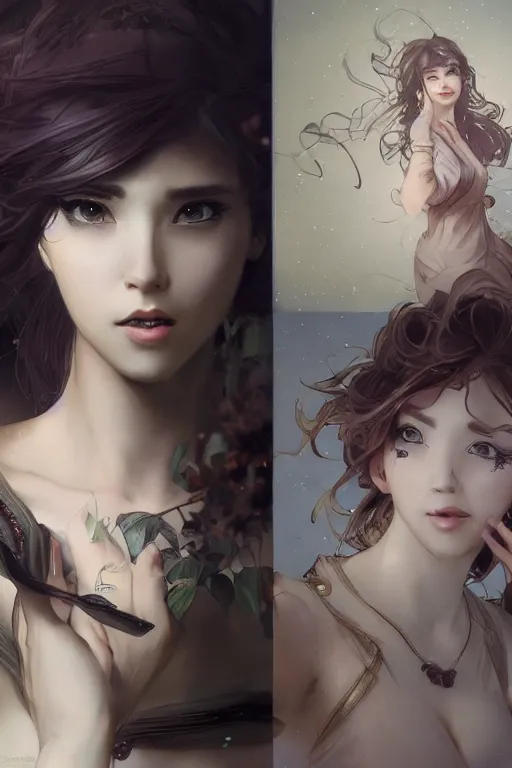 Prompt: character bust portrait, zero gravity floating in the wind, a seductive praying goddess in the style of artgerm, wlop, greg rutkowski, alphonse mucha and ayami kojima, realistic details, volumetric lighting, very very very very beautiful symmetrical face, trending on artstation, artstationhd, artstationhq, unreal engine, 4 k, 8 k