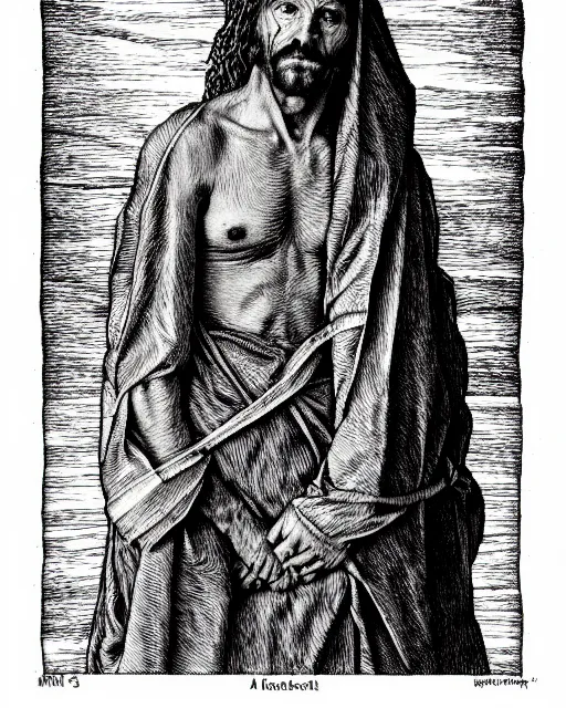 Image similar to a desert druid wearing bandages all over his body, full body, hyper realism, fine details, deviantart artstation, extremely detailed, black and white, very sharp, in the style of albrecht durer, etching,