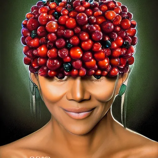 Prompt: ultra detailed two halle berry shaped exactly like berries on a tree duplicate rendered by octane digital painting inspired by arcimboldo