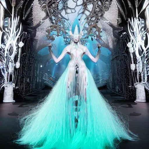 Image similar to intricate detail, haute couture, iris van herpen, mugler, alexander mcqueen, techno mystic, inanna ashteroth with aqua neon rapunzel dreadlocks, nautical siren, princess intergalactica, gateway to futurisma