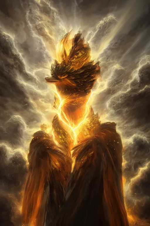 Prompt: fantasy duck concept portrait, storm summoning, digital painting, with veins of magma and gold, renaissance nimbus overhead, by aleksi briclot, by laura zalenga, by alexander holllow fedosav, 8 k dop dof hdr, vibrant