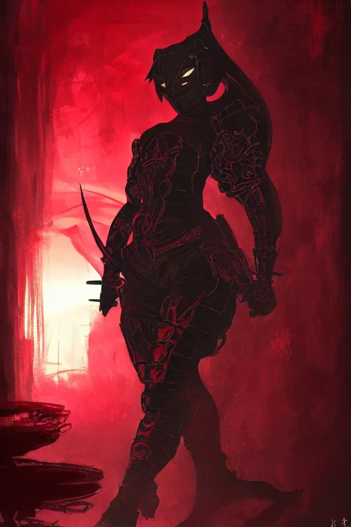 Image similar to portrait Ninja gaiden girl, armored black and red ninja wardrobe, in ruin japanese rainny temple night, ssci-fi and fantasy, intricate and very very beautiful and elegant, highly detailed, digital painting, artstation, concept art, smooth and sharp focus, illustration, art by tian zi and WLOP and alphonse mucha