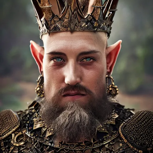 Image similar to 8K Photography from a Male muscled short haired Elven King , goatee, by Jimmy Nelson