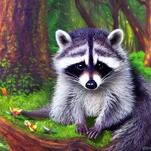 Prompt: cute baby raccoon sitting in magical forest detailed painting 4 k