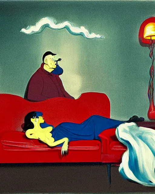 Image similar to old dead couple sitting on a couch and a dark figure crying in the corner with clouds at red and yellow art deco interior room in the style of Francis Bacon and Syd Mead, open ceiling, highly detailed, painted by Francis Bacon and Edward Hopper, painted by James Gilleard, surrealism, airbrush, very coherent, triadic color scheme, art by Takato Yamamoto and James Jean