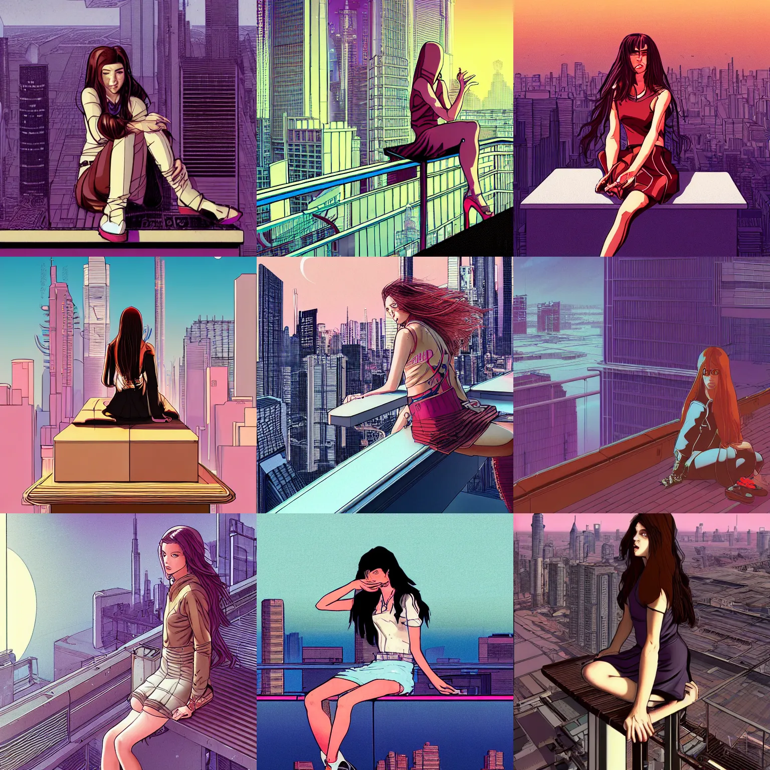 Prompt: young cyberpunk woman with long brown hair. She is apathetic. She is wearing a short tennis skirt and high heels. She is sitting on a rooftop ledge. The ledge overlooks a modern city skyline. Album art in the style of Moebius, in the style of Peter Chung.