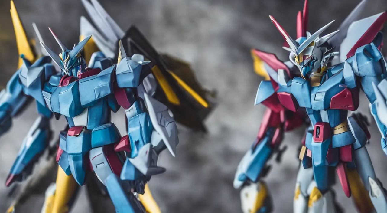 Image similar to medium close up view, Gundam,Guyver,colourful,bokeh,blur,cinematic lighting